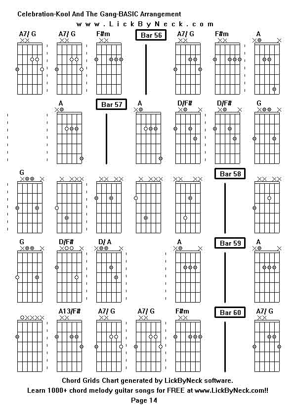 Chord Grids Chart of chord melody fingerstyle guitar song-Celebration-Kool And The Gang-BASIC Arrangement,generated by LickByNeck software.